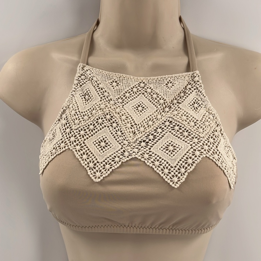 BECCA Bikini Set High Neck Crochet Lace Beaded Boho Nude Beige Tan Cream Sm/XSm - Picture 6 of 10
